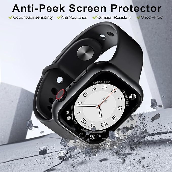 2 Pack Privacy Case for Apple Watch Screen Protector, Anti-Spy Tempered Glass Film Apple Watch Cover Hard PC Case Bumper for iWatch Series 9/8/7 - Black/Clear 41mm - Image 3