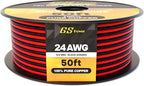 GS Power 24 Gauge Wire 50ft Oxygen Free, OFC Pure Copper Electrical 12v Low Voltage Speaker Wire Spool, 24AWG for Electric, Automotive, Trailer, Stereo, RC, Car, Home Theater, LED, Lamp Wiring by GSPower