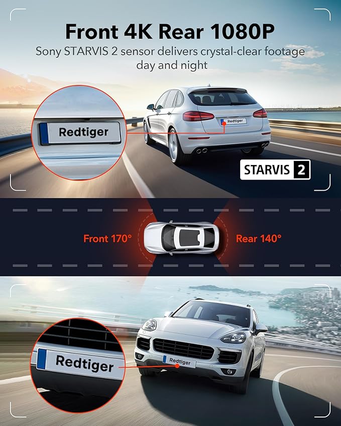 REDTIGER F7N Touch & OBD Hardwire Kit, 4K Dash Cam Front and Rear, STARVIS 2 Sensor, Touch Screen 3.18", 128GB Card Included, Voice Control, 5.8GHz WiFi Car Dash Camera, GPS, Night Vision - Image 2