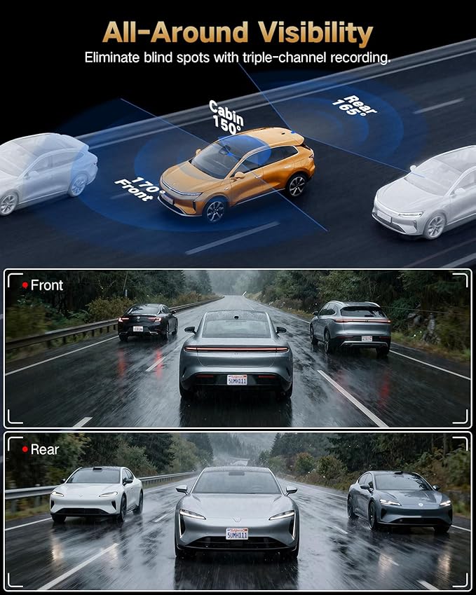 4K Dash Cam Front and Rear Inside, 3-Channel Cars Camera Dash with 170° Wide Angle, Free 64GB SD Card, 5.8GHz WiFi, Night Vision, G-Sensor, Loop Recording, Parking Monitor, USB C, Max 256GB - Image 3