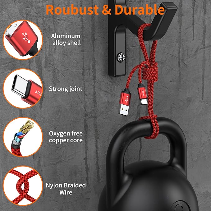 JXMOX USB Type C Cable (6.6ft 2-Pack), USB-A to USB C 3A Fast Charging Cord Compatible with iPhone 15 16 Pro Max, Samsung Galaxy S22 S21 S20 Ultra S10 S9 S8, Note 10 9 8 A80 A70, USB C Charger (Red) - Image 4