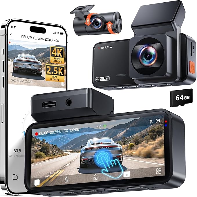 Dash Cam Front and Rear: 4K+2.5K Dash Camera for Cars - Dashcam Built-In WiFi APP Control 64GB Included 3.39" Touchscreen 24H Parking Monitor WDR Night Vision Loop recording Collision Detection(X5) by VIRROW