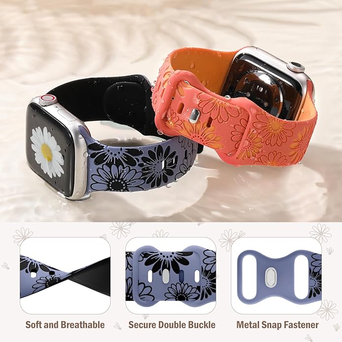 DaQin Floral Engraved Band Compatible with Apple Watch Bands for Women 40mm 41mm 42mm 44mm 45mm 46mm 38mm, Cute Two-Tone Flower Soft Silicone Sport Strap for iWatch Series 11 10 9 8 7 6 5 4 3 2 1 SE - Image 9