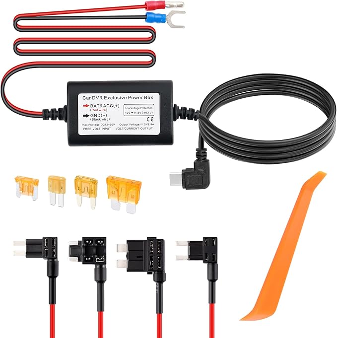 9.68Ft Type C Dash Cam Hardwire Kit,Low Voltage Protection Hardwire Kit for Dash Camera with 4PCS Car Fuse Tap and 4PCS 5A Blade Fuse,12V-30V to 5V Dashcam Hardwires Kits USB C by Unknown