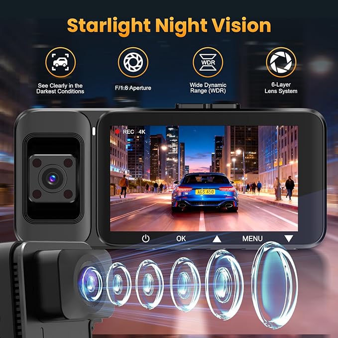 4K Dash Cam Front and Rear Inside, 3 Channel Dash Camera for Cars with 64GB Card, 5G WiFi, Infrared Night Vision, 24H Parking Mode, 360° Wide Angle Wireless Dashcam for Uber/Taxi - Image 5