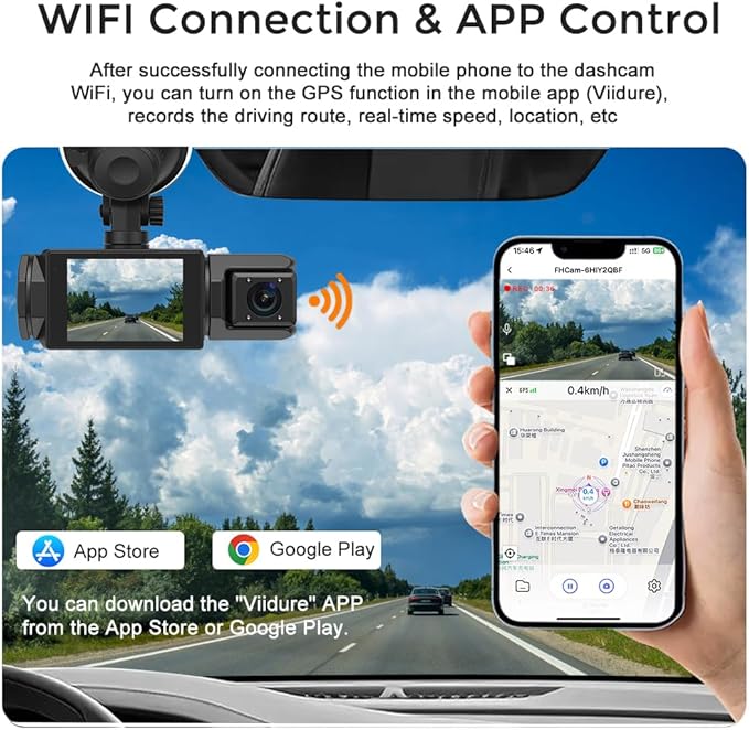 Dash Cam for Cars, 1080P Full HD Dual Dash Cam Front Inside, WiFi, 2" Screen, Night Vision, G-Sensor, Loop Recording, 170° Wide Angle, APP Control (Dual Dashcam) - Image 4
