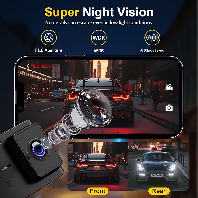 Dash Cam Front and Rear: 4K+2.5K Dual Channel Dash Cam-5GHz WiFi, GPS Dash Camera for Cars with 64GB Card, 2.0" IPS Screen, App Control,G-Sensor,Loop Recording,170°Wide Angle,Night Vision,Parking Mode - Image 6