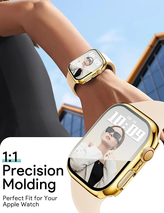 JR.DM 42mm 2 Pack Hard PC Case with HD Tempered Glass Screen Protector for Apple Watch Series 3/2/1, Guard Bumper Full Coverage Protective Anti-Scratch Face Cover for iWatch, Glossy Gold+Clear - Image 6