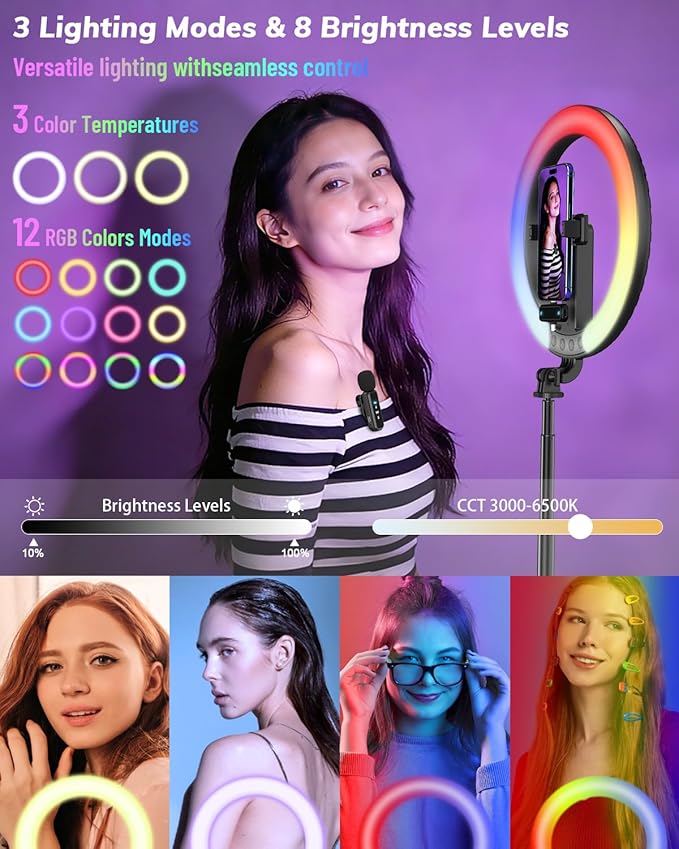 Yeaki Vlogging Kit for iPhone/Android - 10" Selfie Ring Light with 74" Tripod Stand & Phone Holder, Tripod for iPhone with Light and Microphone, YouTube Starter Kit for TikTok/Makeup/Content Creator - Image 2