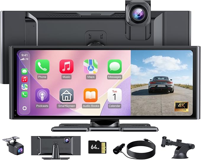 10.26" HD Wireless CarPlay Screen for Carplay & Android Auto Touch Screen,4K Dash Cam,1080P Backup Camera,Mirror Link,Voice Control,GPS,Bluetooth,64G TF,for All Vehicles by Wonsidary