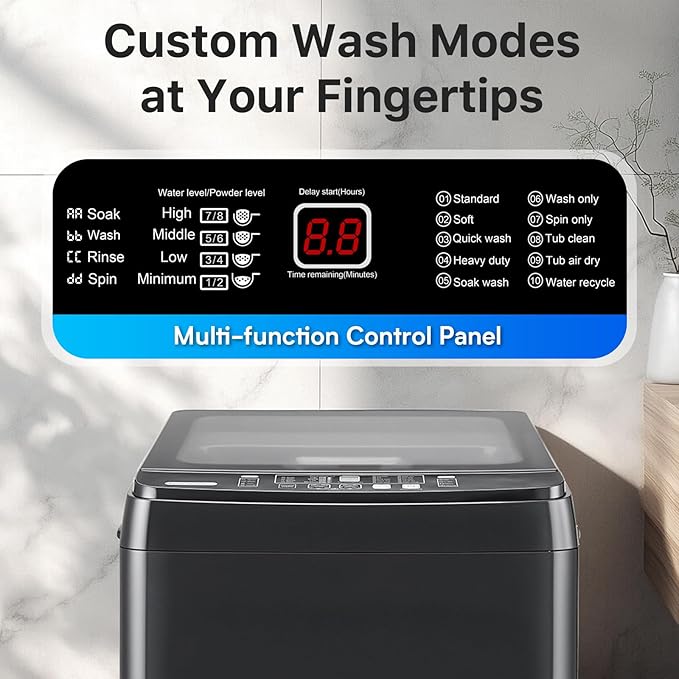 Anypro Washing Machines 27 LBS Full Automatic Clothes Washer and Spinner Combo with 10 Program and 8 Water Level, Laundry Wash Spin Dryer for Apartment RV Dorm, Grey - Image 3