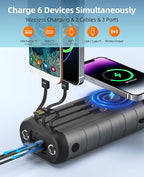 Solar Portable Charger Power Bank 59800mAh, Outdoor Waterproof Battery Pack, 3 Built in Cables & Hand Crank, 6 Outputs, 15W Wireless Charging, Emergency LED Flashlight for Camping Hiking Travel - Image 2