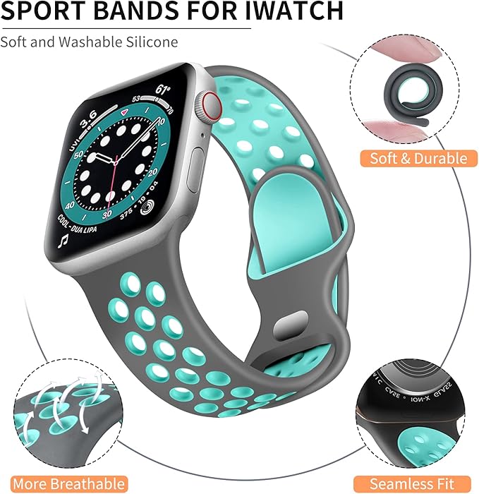Lerobo Sport Bands Compatible with Apple Watch Band Series 9 45mm Series 11 10 46mm SE 3 2 44mm 42mm 49mm Ultra 2,Compatible for iWatch Series 8 7 6 5 4 3 2 1 SE Women Men,Soft Silicone Band Air Hole - Image 2