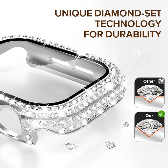 KADES Compatible with Apple Watch Series 3 2 1 with Built-in Tempered Glass Screen Protector Bling Crystal Diamond Rhinestone Full Protective Bumper Cover for Women (38mm,Silver) - Image 4