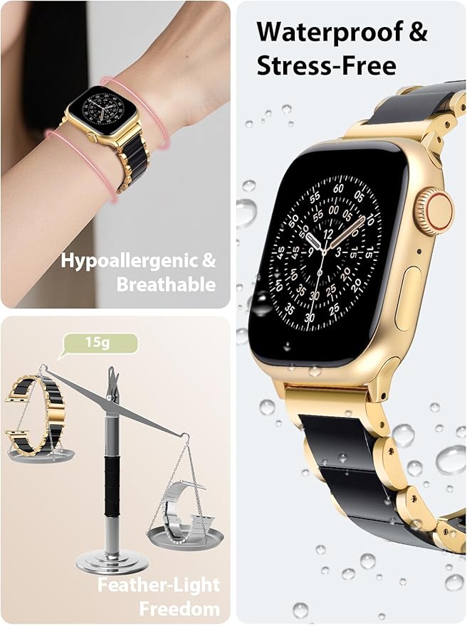 V.R.HOPE Gold Stainless-Steel Metal Resin Apple Watch Band 38mm 40mm 41mm 42mm Fashion Bracelet Strap for Women Compatible with iWatch Series 11/10/9/8/7/6/5/4/3/2/1/SE (Black+Gold) - Image 4