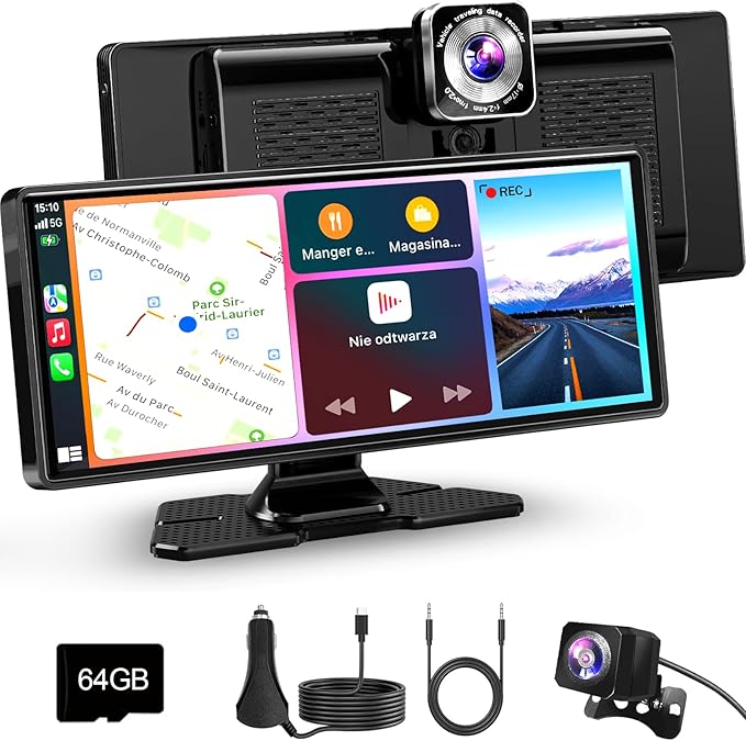 10.26” Carplay Screen for Car, HD IPS Wireless Portable Touch Screen with 64GB TF Card – Supports Apple Carplay & Android Auto, Mirror Link/4K Dash Cam/1080P Rear Camera/BT/FM/Voice Control by Unknown