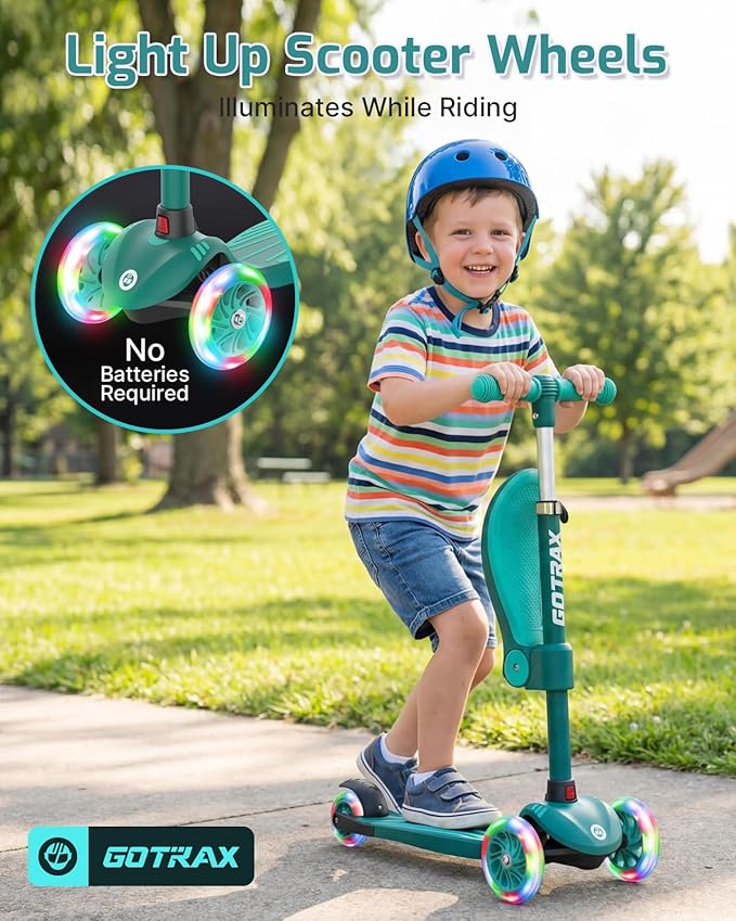 Gotrax KS3 Kids Kick Scooter, LED Lighted Wheels, Adjustable Height Handlebars and Removable Seat, Lean-to-Steer & Widen Anti-Slip Deck, 3 Wheel Scooter for Kids Ages 2-8 and up to 110 Lbs - Image 6