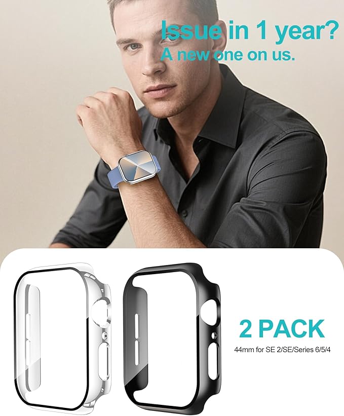 Smiling 2 Pack Case Compatible with Apple Watch SE 3 (2025)/ SE 2/ SE/Series 6/5/4 44mm with Tempered Glass Screen Protector, Hard PC Case Overall Protective Cover- 1 Black + 1 Silver - Image 6