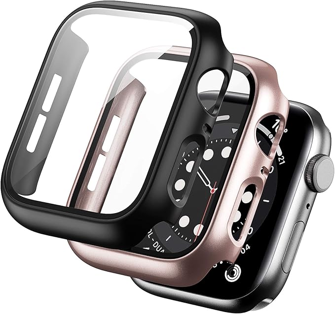 2 Pack Hard PC Case Compatible with Apple Watch Series 9/8/7 45mm, Case with Tempered Glass Screen Protector Overall Bubble-Free Cover for iWatch 9/8/7 Accessories, (Black+Rose Gold, 45mm) by BHARVEST