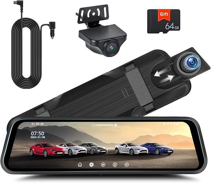 Rear View Mirror Camera, Mirror Dash Cam for Car 1080P Front & Rear Mirror Cameras 9.66 Inch HD IPS Full Touch Screen 64G Card Night Vision Motion Detection Loop Recording 24H Parking Monitor G-Sensor by UNITOPSCI