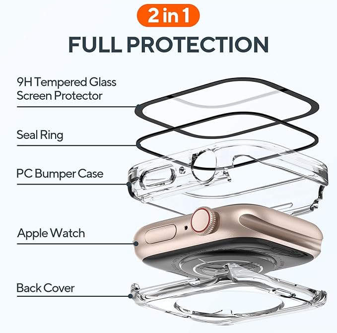 2 Pack 2 in 1 Waterproof Case for Apple Watch Series SE SE 6 5 4 44mm, Straight Edge PC Front & Back Bumper with Tempered Glass Screen Protector 360 Protective Cover for iWatch (44mm, Black/Clear) - Image 3