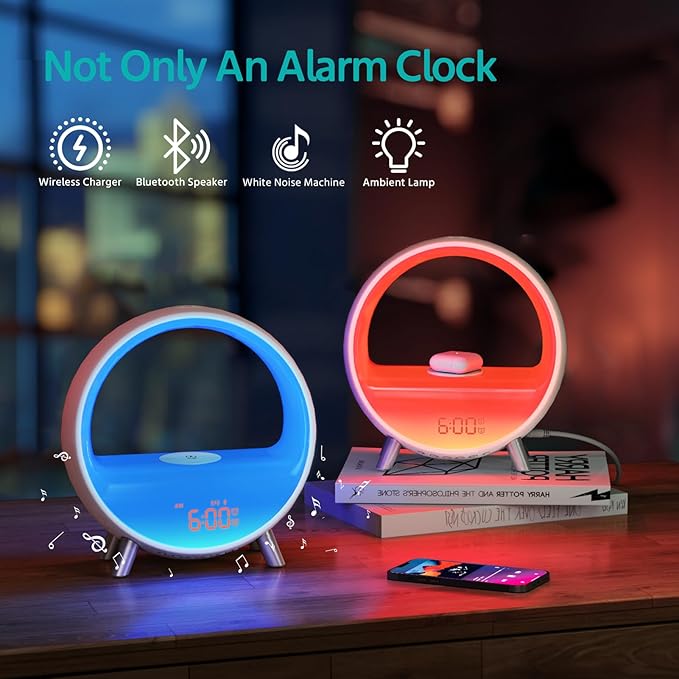 MOMILLA Sunrise Alarm Clock with 15W Wireless Charging Station, Bluetooth Speaker & White Noise Machine - Wake Up Light with Layered Ambient Glow, Sunset Sleep Aid, Zen Gifts for Women, Adults, Teens - Image 2