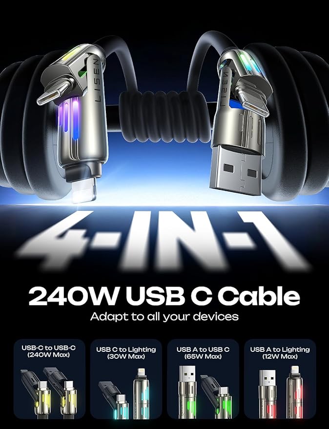 LISEN USB C Cable 3FT for Samsung Charger Type C, Chubby 4 in 1 Charging Cable with Light, Multi Charging Cable for iPhone 16 15 14 Pro Max/MacBook/iPad Pro/SamSungS25, All Devices, Black - Image 2