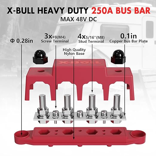 X-BULL 12V 250A 4 Stud Power Distribution Block with Cover, 4 x 5/16"(M8) Studs Marine Battery Bus bar and 3X #8(M8) Screws Terminal Block for Automotive, Car, Boat (Pair - Red & Black) - Image 3