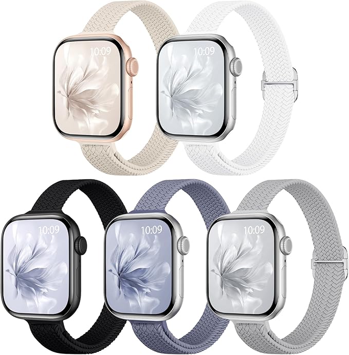 5 Pack Slim Braided Stretchy Bands Compatible with Apple Watch Band 40mm 41mm 42mm 38mm 44mm 45mm 46mm 49mm Women Men, Thin Elastic Nylon Solo Loop Straps for iWatch Series 10 9 8 7 6 5 4 3 11 SE 2/1 by Unknown