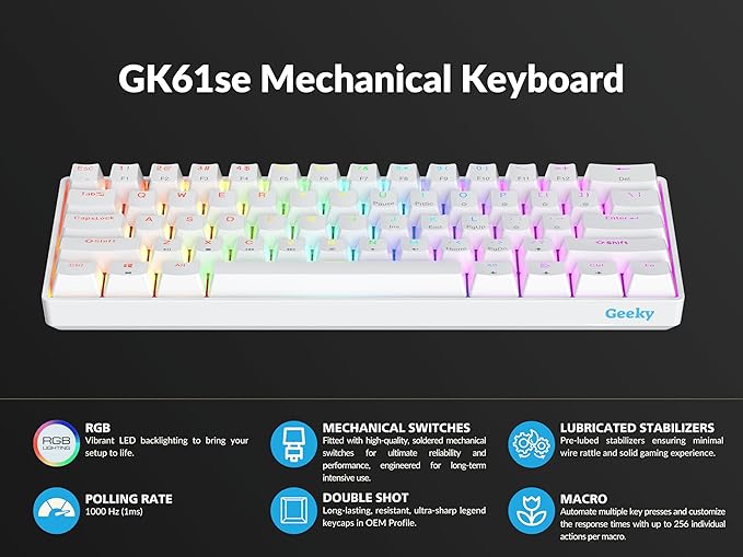 Geeky GK61 SE 60% | Mechanical Gaming Keyboard | 61 Keys Multi Color RGB LED Backlit for PC/Mac Gamer | ANSI US American Layout (White, Mechanical Brown) - Image 5