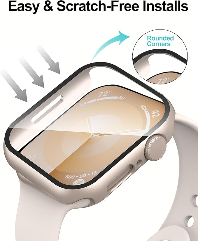 Smiling 2 Pack Case Compatible with Apple Watch Series 9/8/7 41mm with Tempered Glass Screen Protector, Hard PC Case Overall Protective Cover- Starlight - Image 4