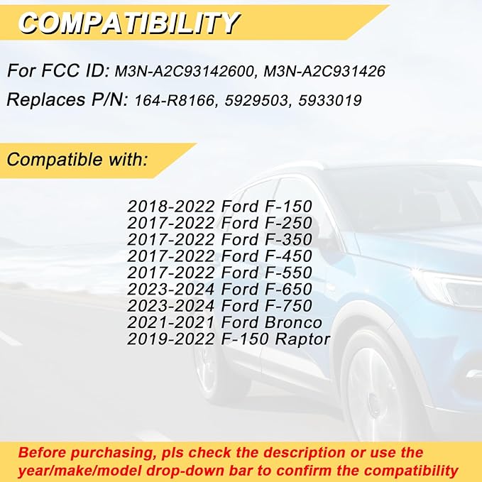 Vurkcy Key Fob Replacement for 2018-2022 Ford F-Series Truck- F150 F250 F350 F450 F550 Bronco Car Keyless Entry Remote Control, M3N-A2C93142600 M3N-A2C931426, 5 Btn - Image 2