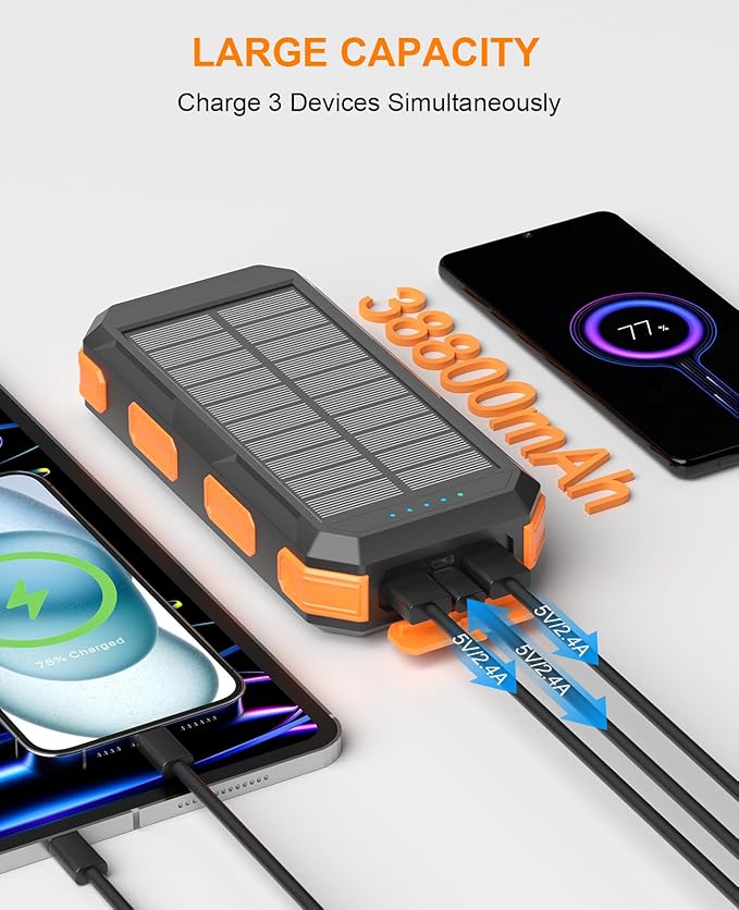 Solar Charger Power Bank 38800mAh, PD 22.5W USB-C Fast Charging Portable Charger with 4 Built-in Cables, External Battery Pack with Dual LED Emergency Flashlights for Camping, Hiking, Outdoor Use - Image 2