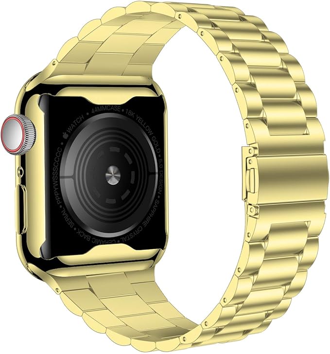 iiteeology Compatible with Apple Watch Bands 44mm Series 6 5 4 Se, Upgraded Stainless Steel Band with iWatch Screen Protector Case for Men Women Gold/Gold - Image 3