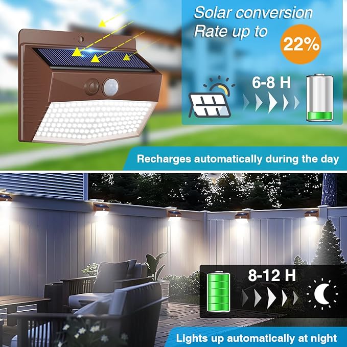 Peasur [12 Packs] Solar Outdoor Lights Motion Sensor Solar Security Lights Waterproof with 3 Lighting Modes Solar Powered Wall Lights Outside for Garden Fence Yard,Brown - Image 2