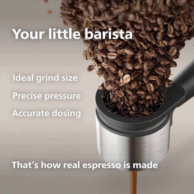 Philips Baristina Espresso Machine, Grind, Tamp & Brew Coffee Beans in One Swipe, Compact, 16 Bar Pump Pressure, Automatic Grinder, Natural White with Ash Wood Portafilter (BAR302/20) - Image 4
