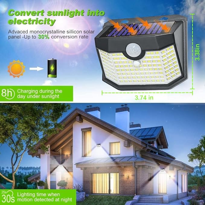 HMCITY Solar Lights Outdoor 120 LED 3 Lighting Modes,Motion Sensor Wall Lights, IP65 Waterproof Solar Powered Wall Lights for Garden Deck Lights (Front Button 4Packs, Black Shell-Daylight White) - Image 2