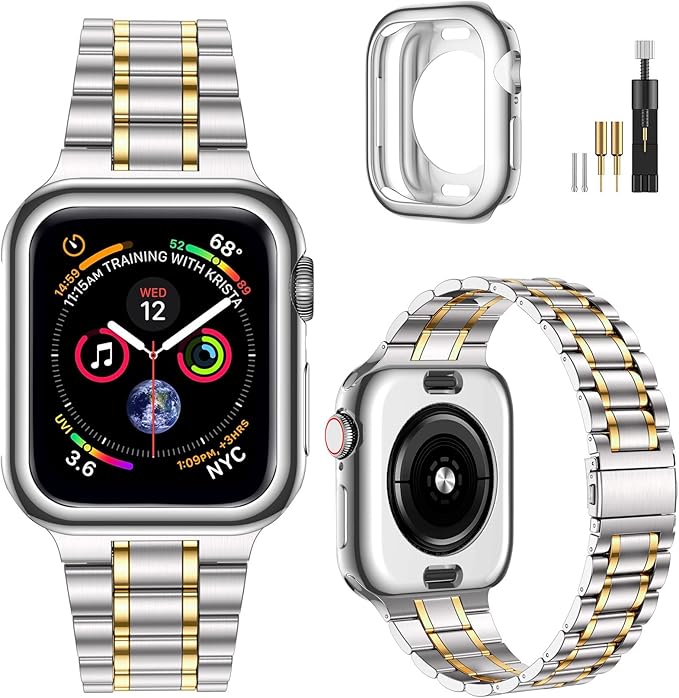 MioHHR Solid Stainless Steel Band Compatible with Apple Watch 46mm (Series 11 10), Metal Strap with Soft TPU Case for iWatch Series 11/10 46mm Women and Men, Silver/Gold by ProfessionalStainlessSteelWatchBandCase