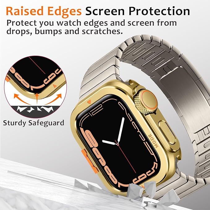 Amizee Metal Case Compatible with Apple Watch Series 9/8/7 45mm with Back Cover, Rugged Protective Bumper Cover for iWatch 45mm, Gold - Image 3