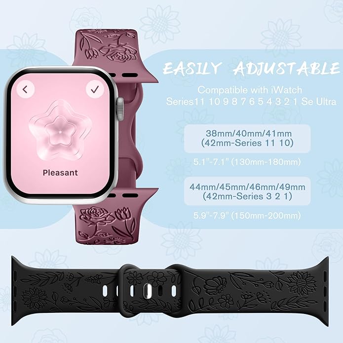 SNBLK 6 Pack Floral Engraved Bands Compatible with Apple Watch Bands 40mm 41mm 42mm 38mm 44mm 45mm 46mm 49mm Women Men, Silicone Flower Pattern Strap for iWatch Series 11 10 Se Ultra 9 8 7 6 5 4 3 2 1 - Image 9