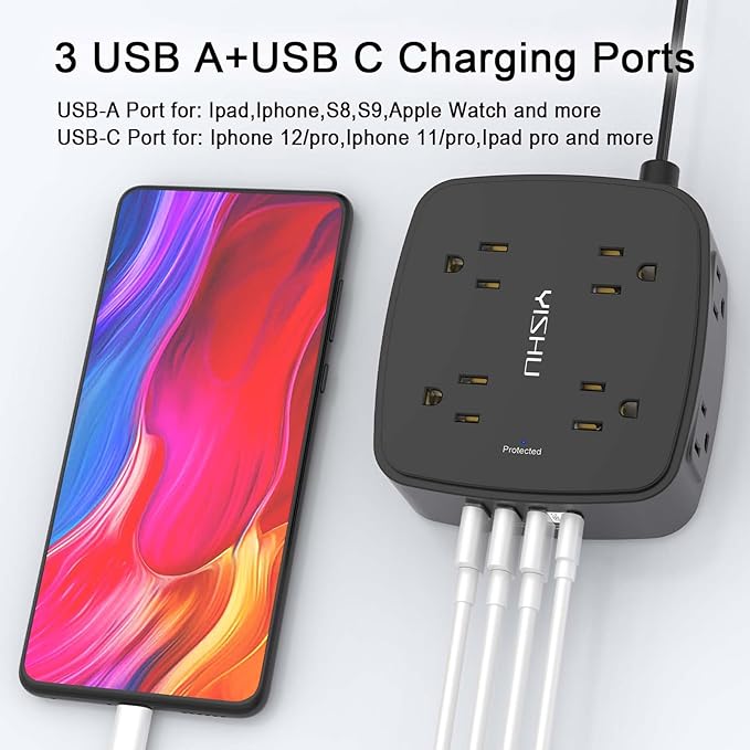 10 Ft Surge Protector Power Strip - YISHU 8 Widely Outlets with 4 USB Ports, 3 Side Outlet Extender with 10 Feet Flat Extension Cord, Ultra Flat Plug, Wall Mount, Desk USB Charging Station, ETL, Black - Image 3