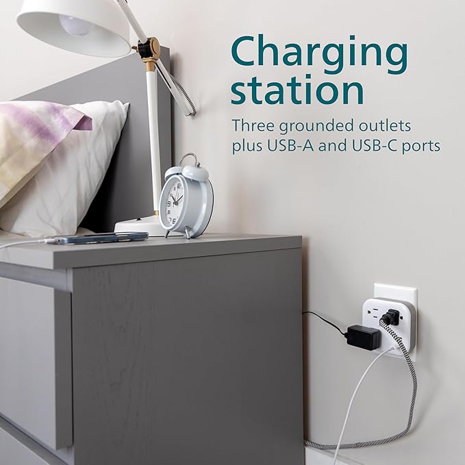 Philips EZFit 3-Outlet Surge Outlet Extender with USB, 1 USB-A, 1 USB-C, Adapter Spaced, Charging Station, 12W, 980 Joules, White - SPP9393W/37 - Image 4