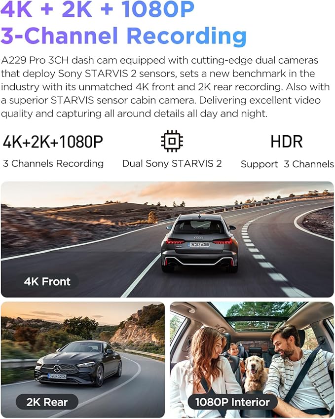 【Bundle: VIOFO A229 Pro 3CH + 256GB Card+ HK4 Hardwire Kit with 8pcs Fuse Tap】 3 Channel 4K HDR Dash Cam, Dual STARVIS 2 Sensors, 4K+2K+1080P Front Inside and Rear Car Camera - Image 2