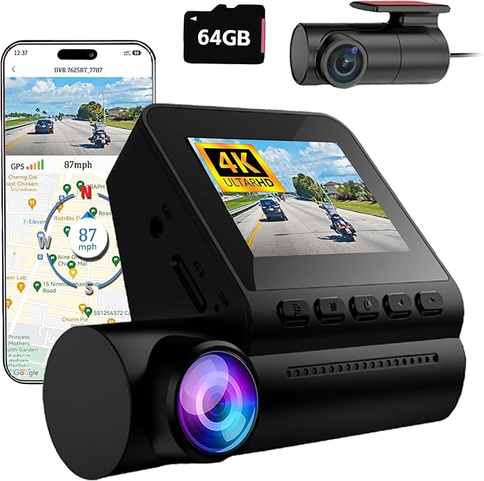 Dash Cam Front and Rear, 4K+1080P dashcam Front and Rear Camera, Dash Camera for Cars, with Night Vision, Free 64GB Card, G-Sensor, Built-in Wi-Fi GPS,Loop Recording,24H Parking Monitor by Unknown