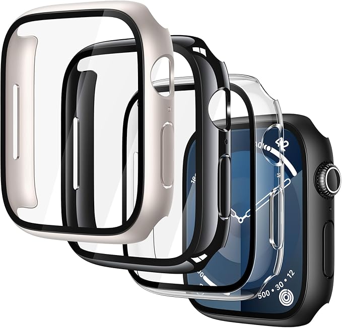 Misxi 4 Pack Case with Scratch-Resistant Screen Protector for Apple Watch Series 9 Series 8 Series 7 45mm, Cover with Hard PC Tempered Glass for iWatch, 1 Black + 1 Transparent + 1 Starlight + 1 Jet Black by Misxi