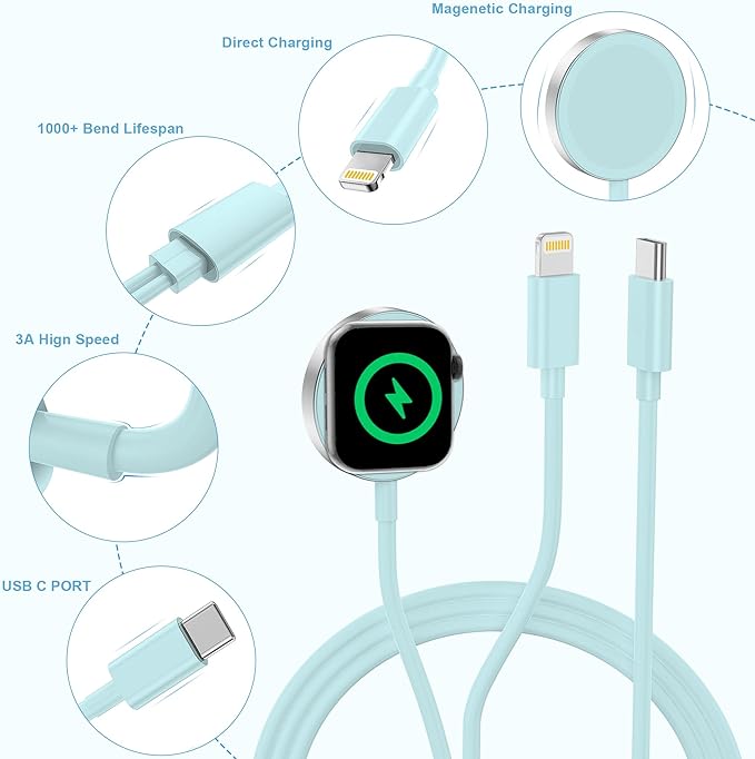 Watch Charger,Upgraded 2-in-1 USB C Fast iWatch Charger [MFi Certified] 6FT Magnetic Charging Cable with 15W Wall Charger Block for Watch Series SE/8/7/6/5/4/3/2/1 & iPhone 14(Green) - Image 4