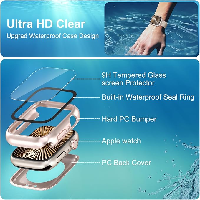 YIJDACASE [3 in 1] Waterproof Case for Apple Watch Series 9/8/7 41mm,Built-in Tempered Glass Screen Protector,360 Full Coverage PC Bumper,Sensitive Touch Protective Cover,Original Pink - Image 6