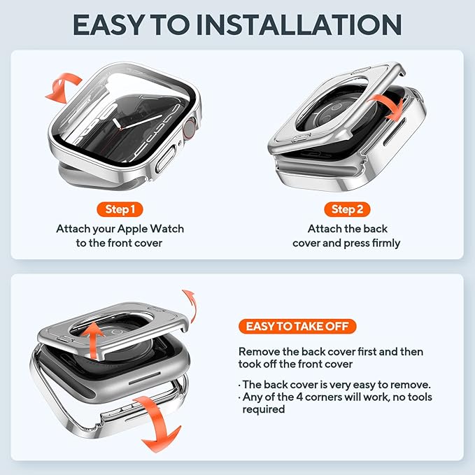 2 Pack 2 in 1 Waterproof Case for Apple Watch Series 10/Series 11 42mm, Straight Edge PC Front & Back Bumper with Tempered Glass Screen Protector 360 Protective Cover for iWatch (42mm, Silver/Clear) - Image 4