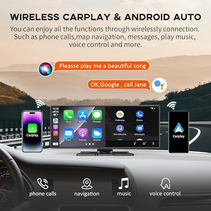 Largest 11.5" Portable Carplay Screen for Car, 4K Wireless Car Play & Android Auto, Upgrade Touchscreen with Dash Cam, App Control/Loop Recording/Backup Camera/Mirror Link/GPS/FM for All Vehicles - Image 2