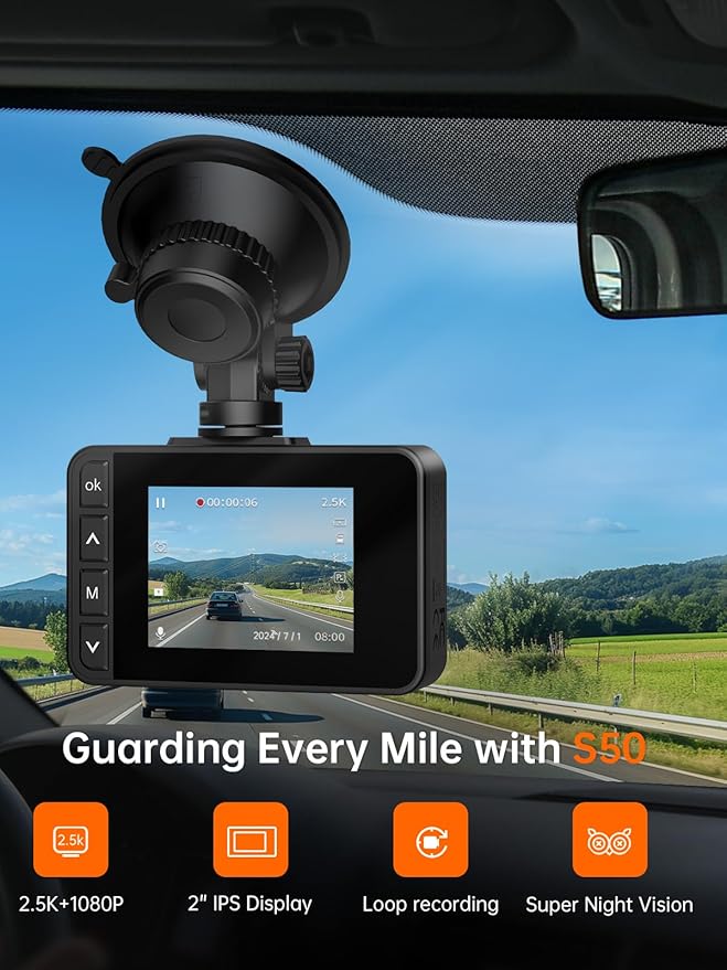 Dash Cam Front and Rear, 2.5K+1080P Dual Dash Camera for Cars, 2’’ Display Mini Car Camera, G-Sensor Dashcam, Night Vision with E-YEEGER 11.5ft Type-C Dash Cam Hardwire Kit (V5F), 12V-24V to5V 3A Car - Image 3